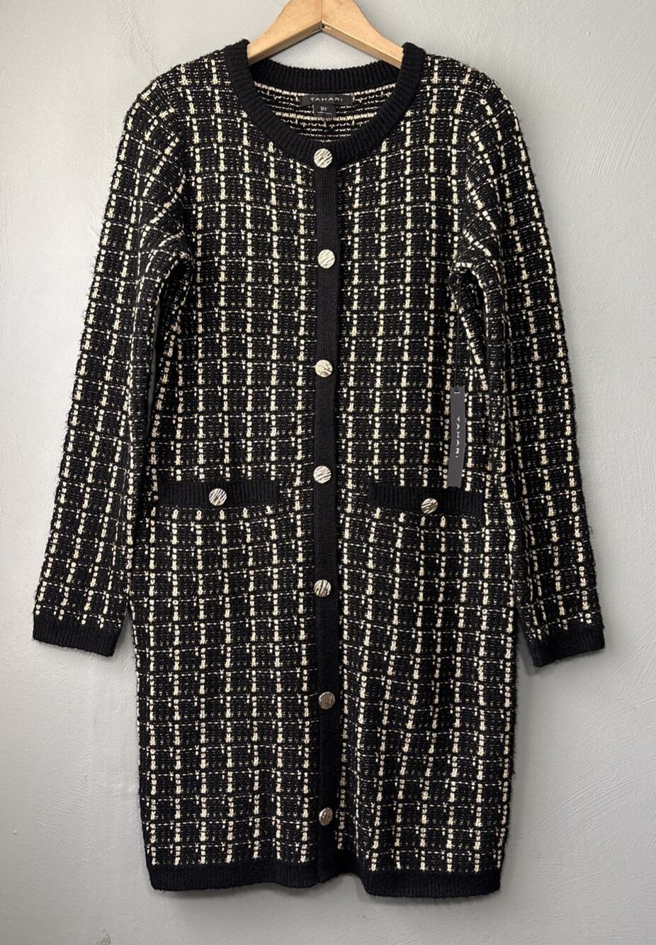 Tahari Sweater Dress Size Small Black Gold Wool Blend Academia Preppy Classic